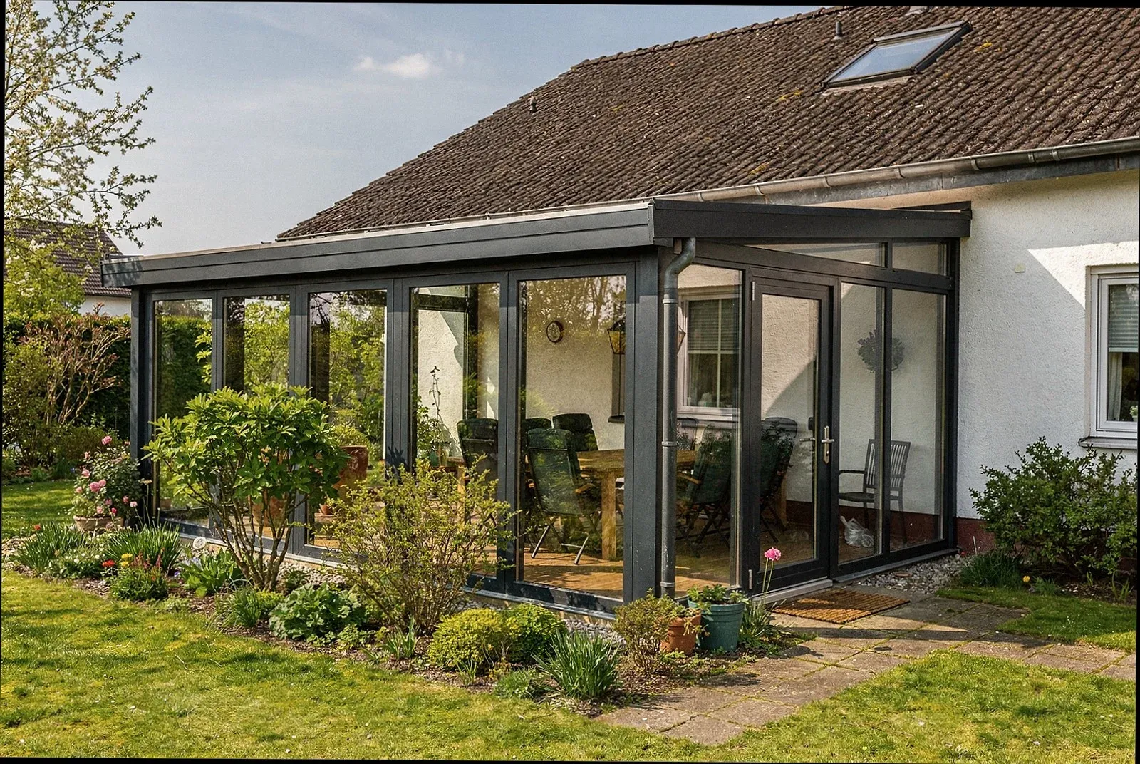 Kaltwintergarten mit Glasschiebewänden an einem Einfamilienhaus in Lohmar